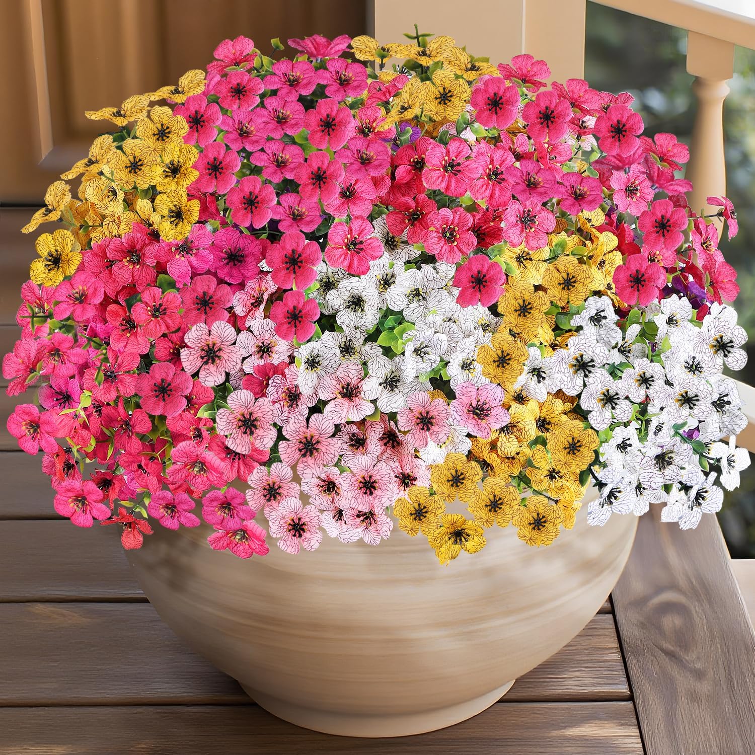 14 Bundles Artificial Flowers UV Resistant for Patio Outdoors Fake Faux Silk Plants Realistic Plastic Flowers Indoors Porch Window Home Decoration (14, Mixed Fuchsia Yellow Pink White)