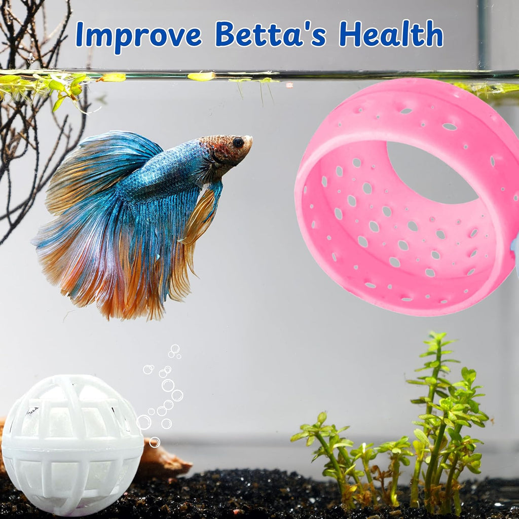 Betta Hideout Resting Spot with Filter Ball, Betta Fish Hides and Nitrifying Balls, Hammock Float Aquarium Accessories, Aquatic Tunnel with Suction Cups, Fish Tank Decorations, Aquarium Decor (Pink)