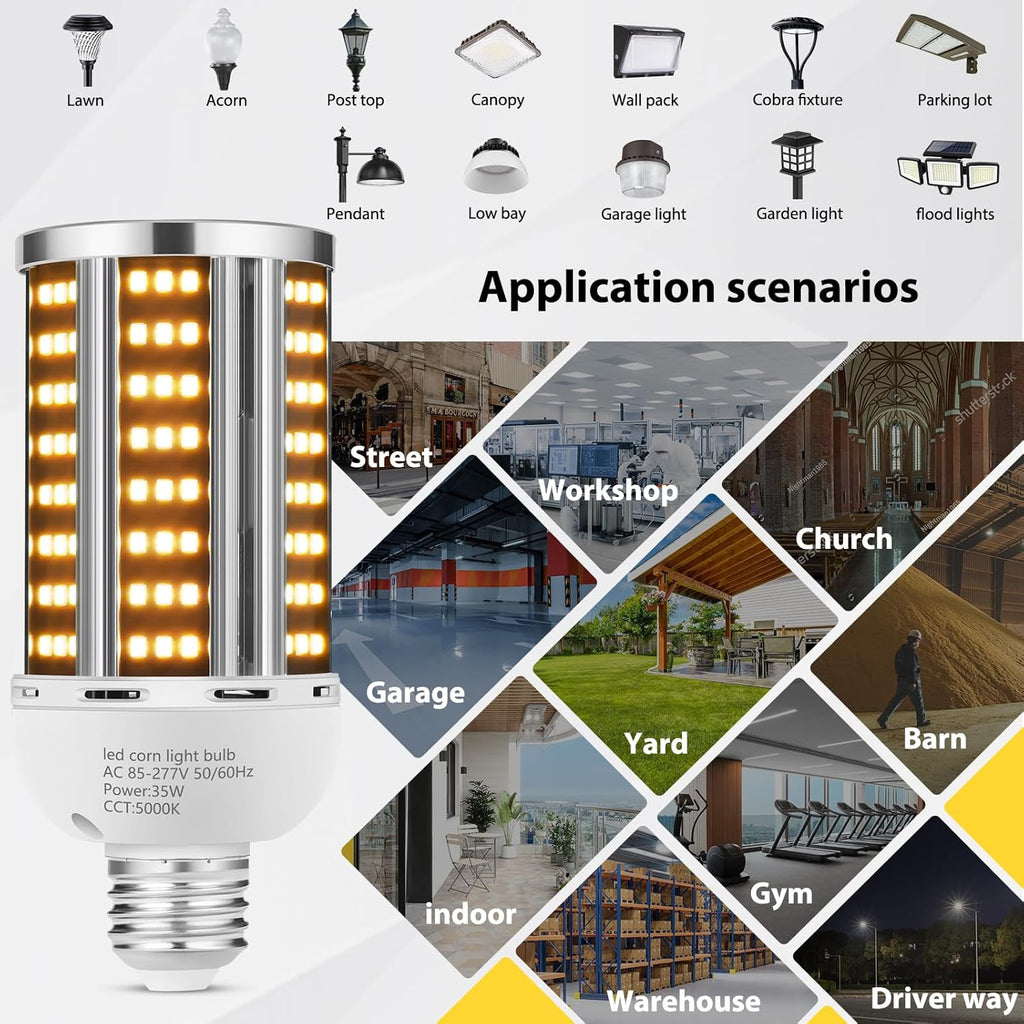 35W 6 pack LED Corn Light Bulb 3000K,(300W Equivalent ) Commercial Grade warm white E26/E39 5000LM Medium Mogul Base LED Lamp,Large Area Lights For Outdoor Indoor Garage Warehouse Factory Bay Light