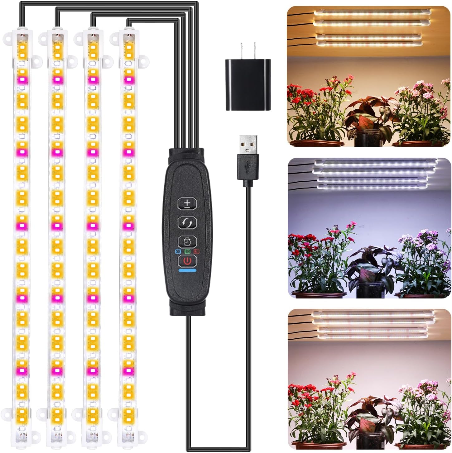 Four Strip Growing Lamp for Indoor Plants, Red & 3000K & 6000K Full Spectrum LED Grow Light Strips with Auto ON/Off 3/9/12H Timer,10 Dimmable Levels for Green House Succulent (13 in)