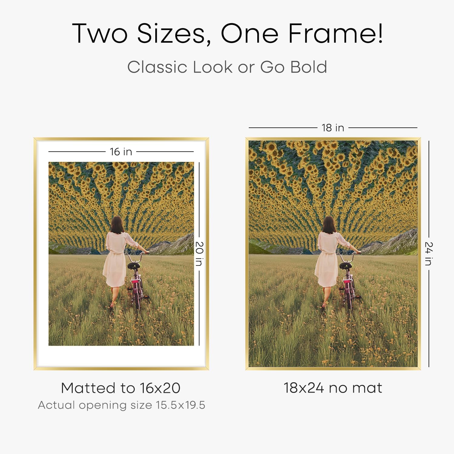 Homeforia 18 x 24 Poster Frame Gold, High End Metal 18x24 Picture Frames with Mat 16x20 Photo, 18 x 24 Gold Frame Matted to 16 by 20 Print, 24x18 Thin Hanging Frame, Tempered Glass, Wall Kit, Set of 2