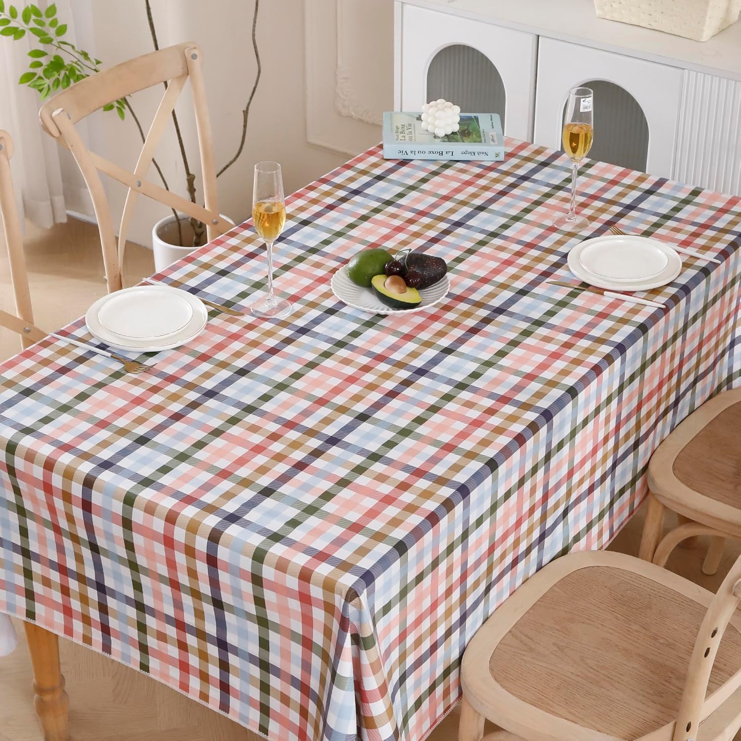 Heavy Duty Vinyl Tablecloth with Flannel Backing Waterproof Oil-Proof Plastic Table Cloth Stain-Resistant Wipeable Rectangle or Square Table Cover for Indoor and Outdoor (Color Checkered,52x70 Inch)