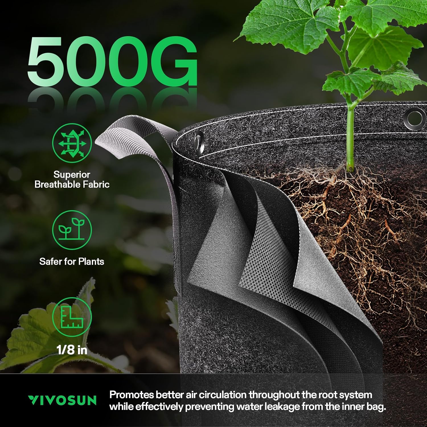 VIVOSUN 5-Pack 15 Gallon Grow Bags, 500G Thick Nonwoven Fabric Pots with Strap Handles, Multi-Purpose Rings, for Low Stress Plant Training Fruits, Vegetables, and Flowers