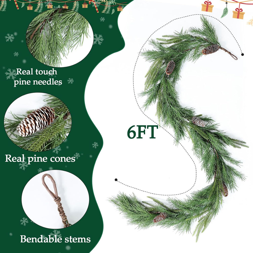 MIZII Christmas Garlands 6 Feet Artificial Pine Garland with Pinecone Real Touch Pines Vine Greenery Garland Christmas Decorations for Xmas Fireplace Mantle Home Decor Indoor Outdoor (Pine Garland)