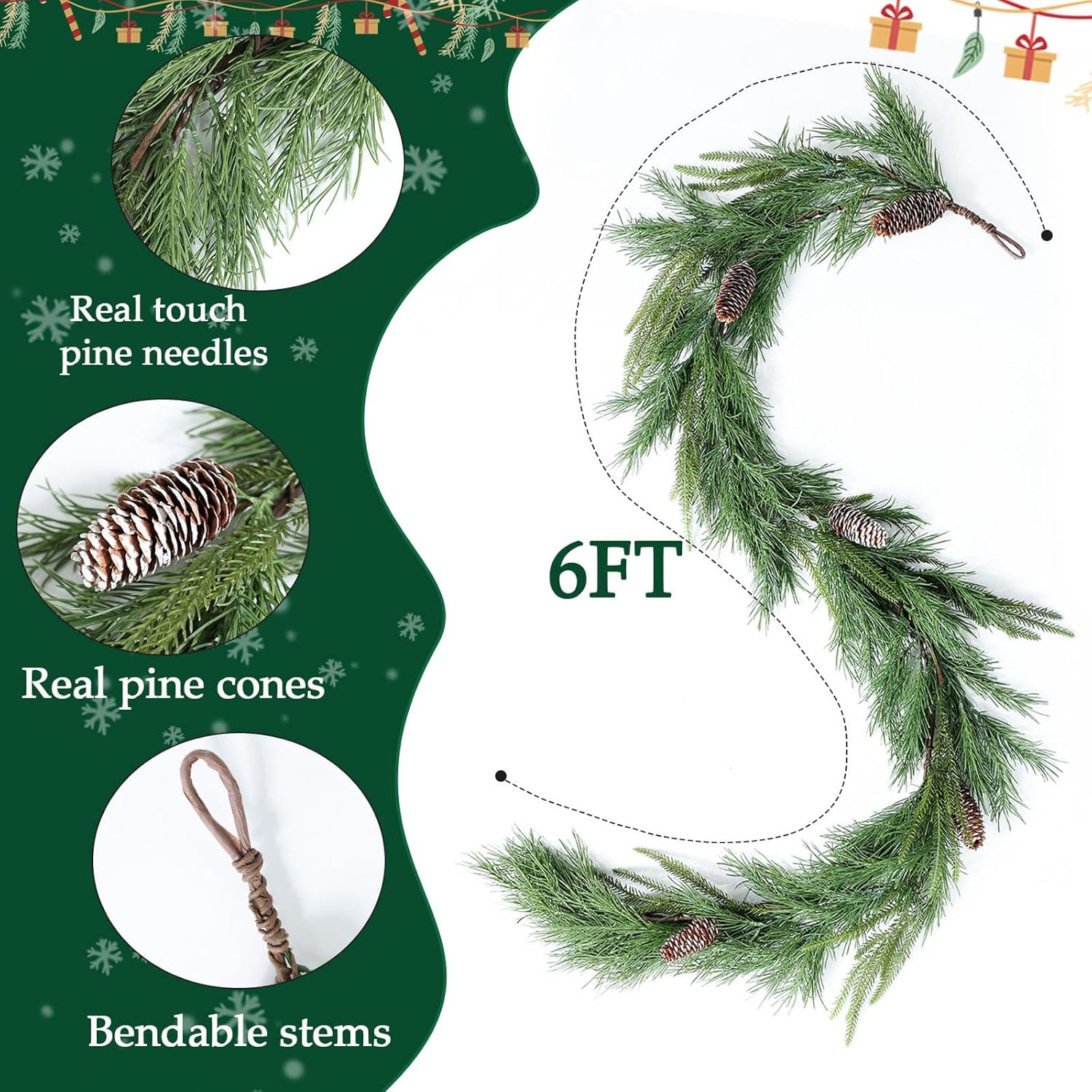 MIZII Christmas Garlands 6 Feet Artificial Pine Garland with Pinecone Real Touch Pines Vine Greenery Garland Christmas Decorations for Xmas Fireplace Mantle Home Decor Indoor Outdoor (Pine Garland)