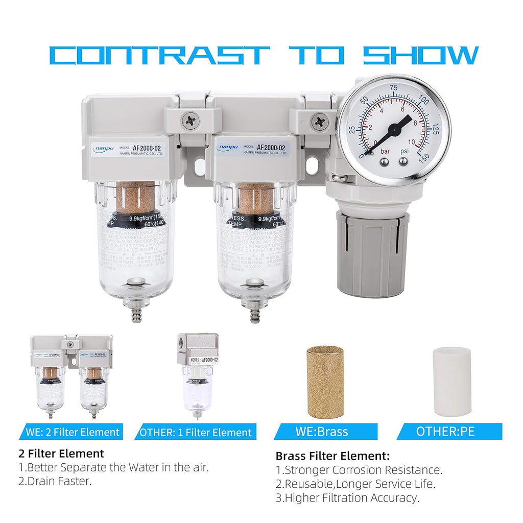 NANPU DFR-02 1/4" NPT Air Drying System - Double Air Filters, Air Pressure Regulator Combo - Semi-Auto Drain, Poly Bowl