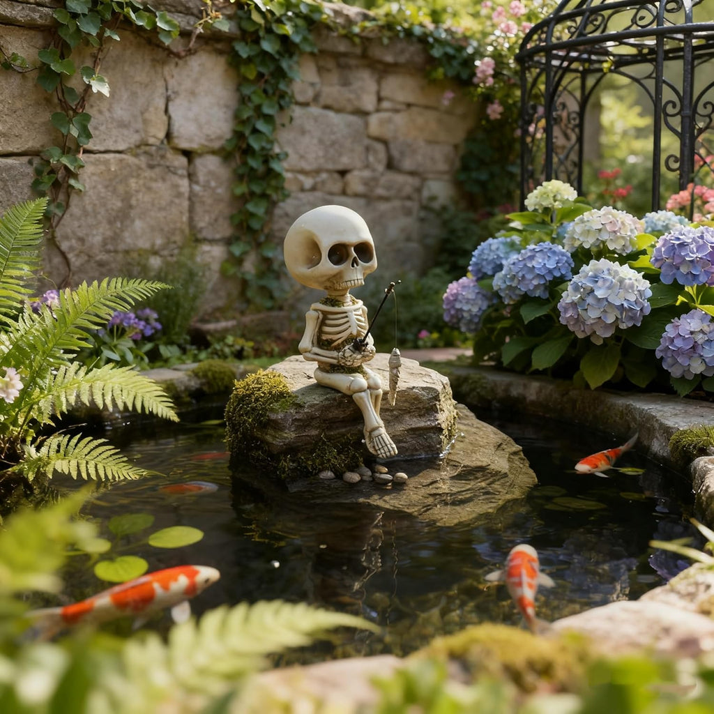 Cute Funny Skeleton Fishing Figurine,Halloween Christmas Decor, Versatile Skull Accessory for Fish Tank, Garden Pond, Desk & Bookshelf