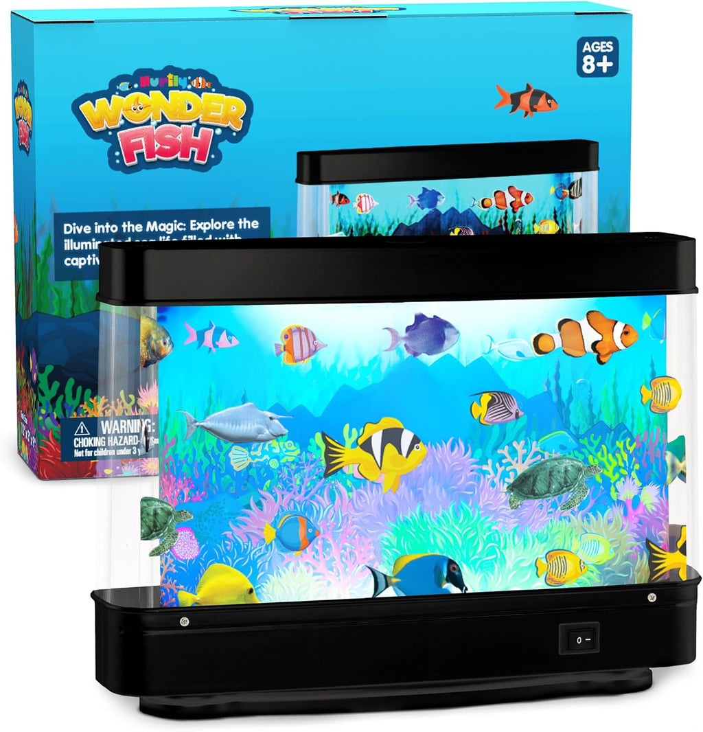 Artificial Fish Tank Virtual Ocean Toy - Mini Office Desk Aquarium, Moving Motion Lamp Night Light with, Fun Gift for Kids and Adults