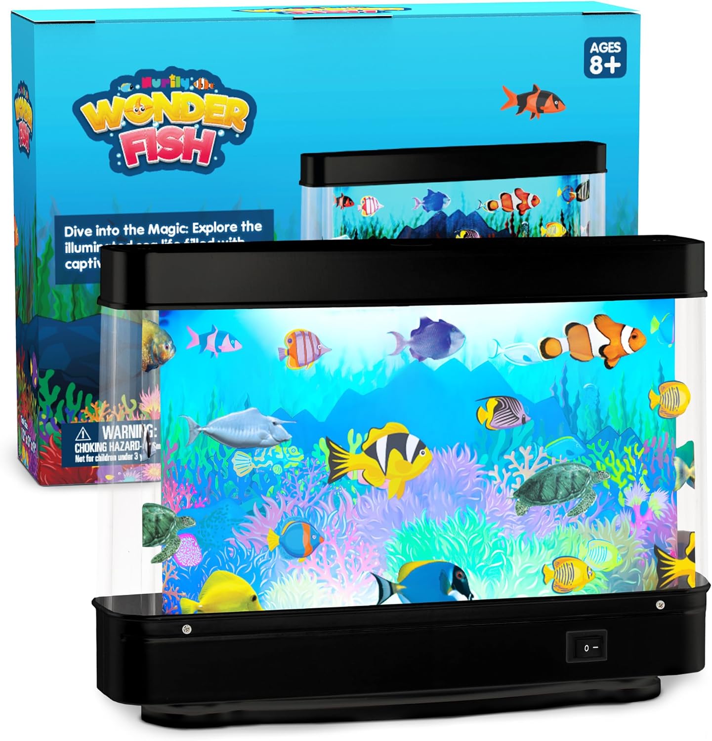 Artificial Fish Tank Virtual Ocean Toy - Mini Office Desk Aquarium, Moving Motion Lamp Night Light with, Fun Gift for Kids and Adults