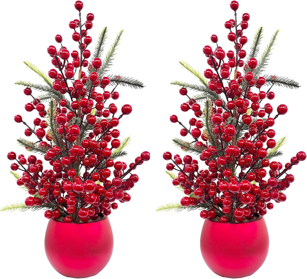 Set of 2 Small Artificial Christmas Berry Trees, 19 Inch Tabletop Holiday Decorations – Red Berry & Pine Mini Christmas Trees with Decorative Pot for Home, Office, Fireplace, Dining Table Winter Décor