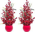 Set of 2 Small Artificial Christmas Berry Trees, 19 Inch Tabletop Holiday Decorations – Red Berry & Pine Mini Christmas Trees with Decorative Pot for Home, Office, Fireplace, Dining Table Winter Décor