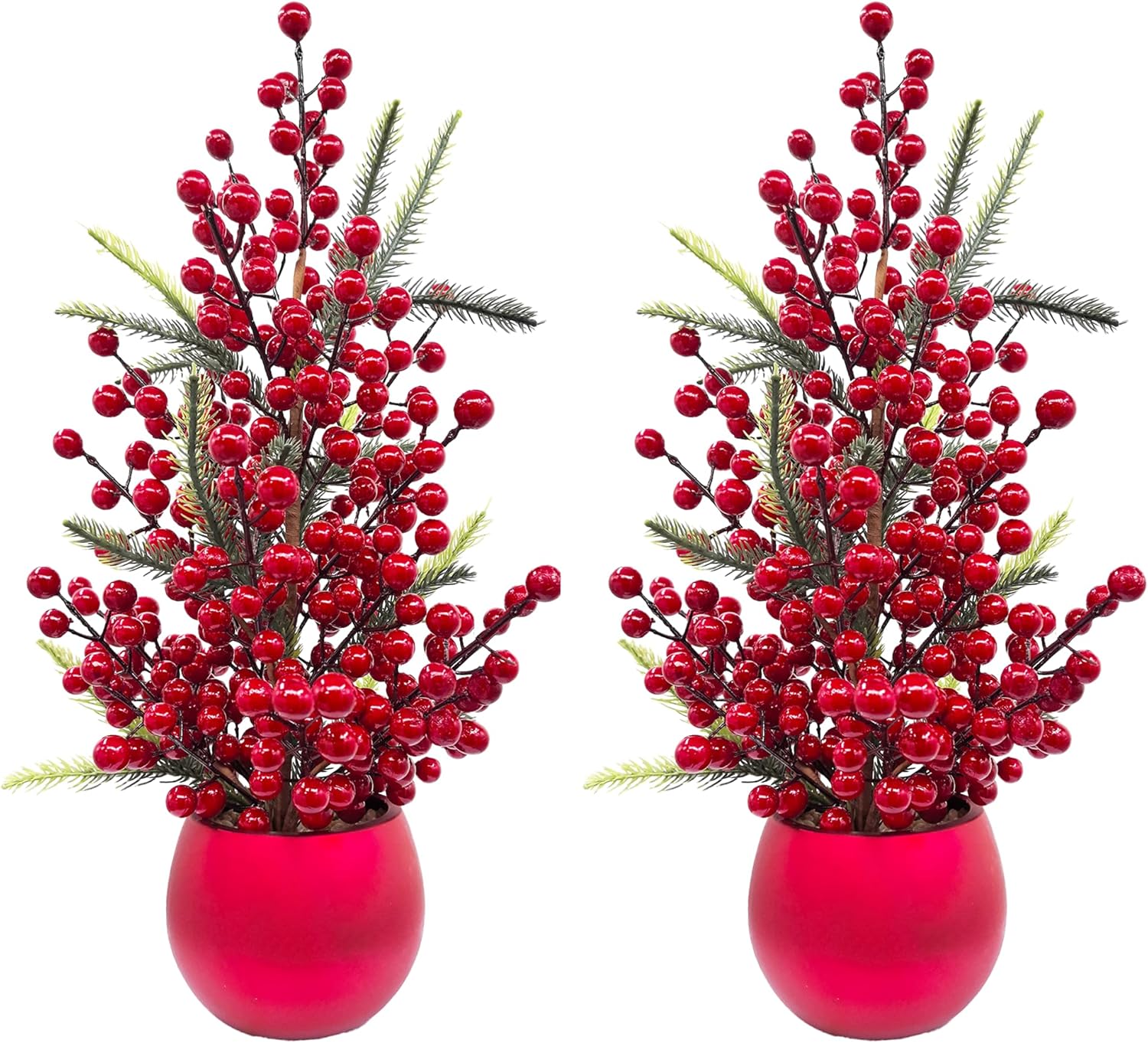 Set of 2 Small Artificial Christmas Berry Trees, 19 Inch Tabletop Holiday Decorations – Red Berry & Pine Mini Christmas Trees with Decorative Pot for Home, Office, Fireplace, Dining Table Winter Décor