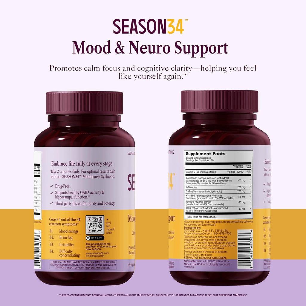Mood & Neuro Support for Women | Bacopa, L-Theanine, GABA & Ashwagandha for Stress, Focus, Memory & Emotional Balance for Menopause, Doctor-Formulated, Non-Hormonal 60 Capsules 1 Month Supply