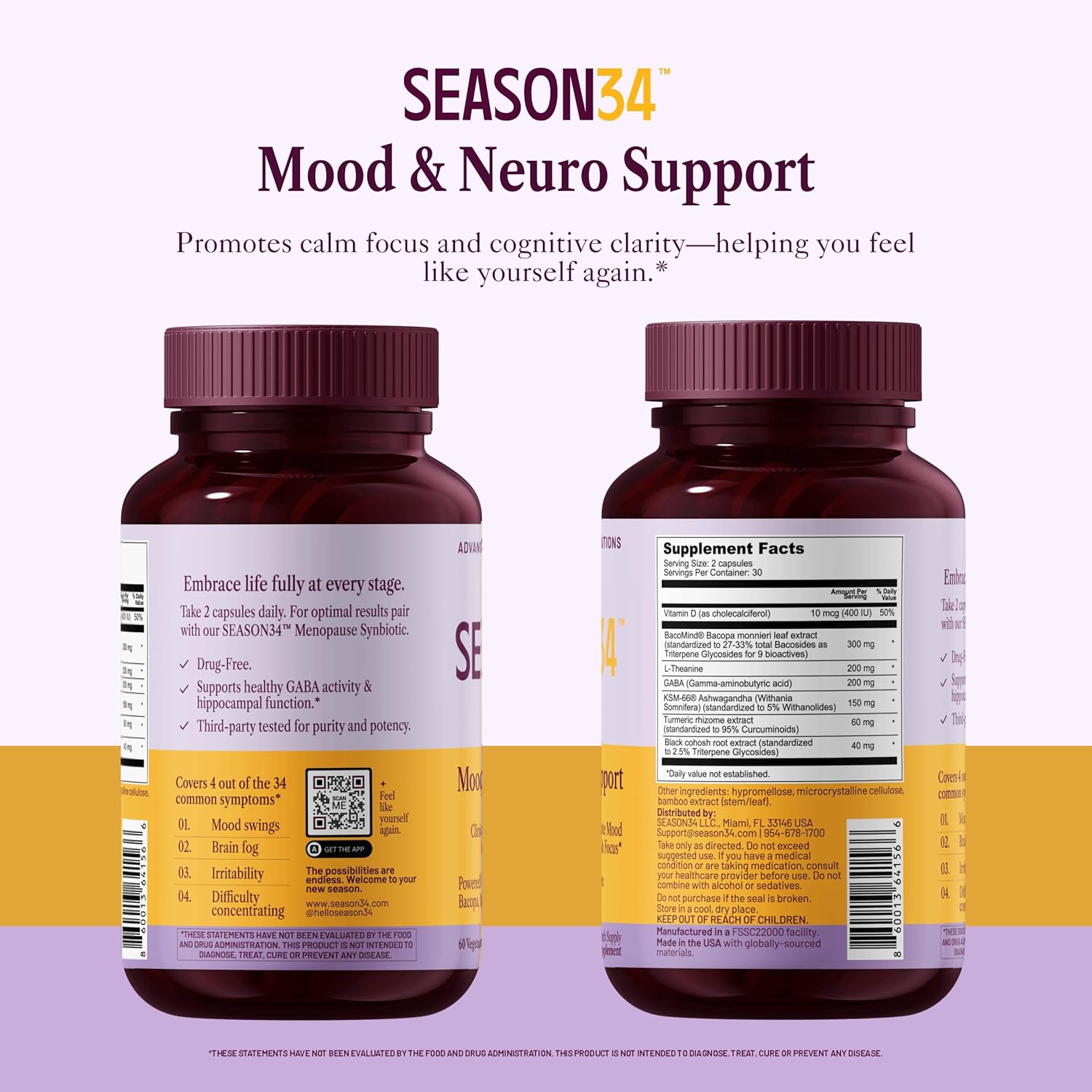 Mood & Neuro Support for Women | Bacopa, L-Theanine, GABA & Ashwagandha for Stress, Focus, Memory & Emotional Balance for Menopause, Doctor-Formulated, Non-Hormonal 60 Capsules 1 Month Supply