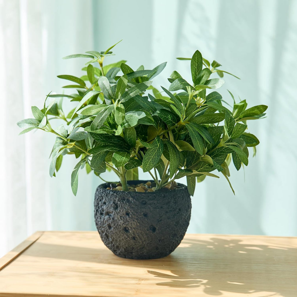 AlphaAcc 9.5" Artificial Plants with Olive Leaves Real Looking Faux Plants Fake Greenery Potted in Black Round Ball Planter for Tabletop Bathroom Kitchen Office Housewarming Gift Home Decor
