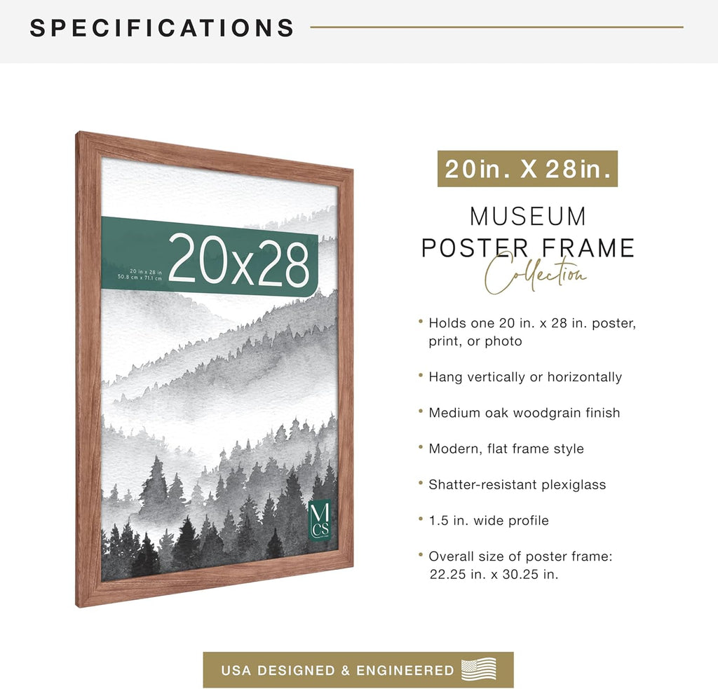 MCS Museum Poster Frame 20x28 Medium Oak Woodgrain, Vertical & Horizontal Wall Hanging Large Picture Frame for Photos, Posters & Art Prints (1-Pack)