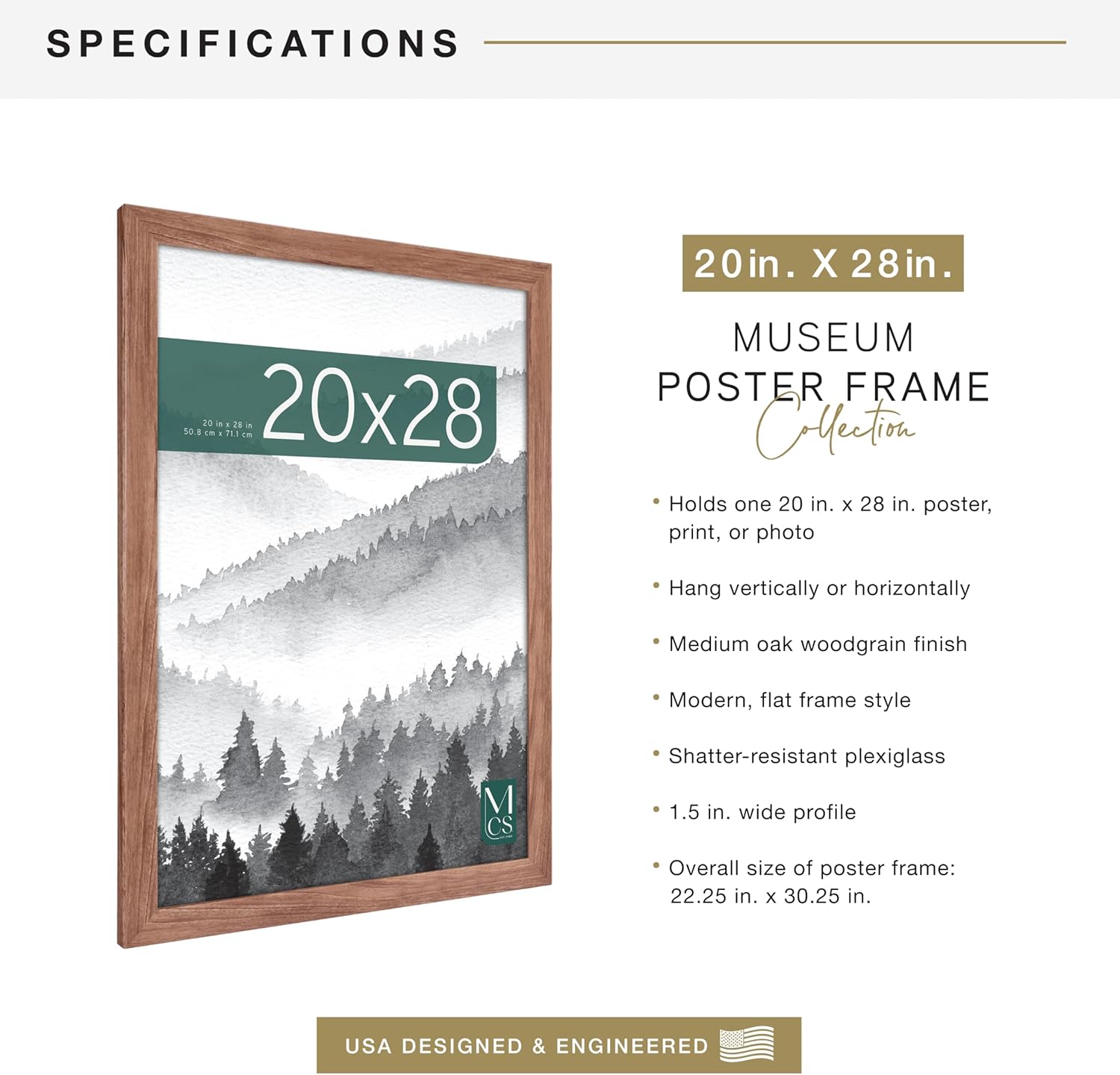 MCS Museum Poster Frame 20x28 Medium Oak Woodgrain, Vertical & Horizontal Wall Hanging Large Picture Frame for Photos, Posters & Art Prints (1-Pack)