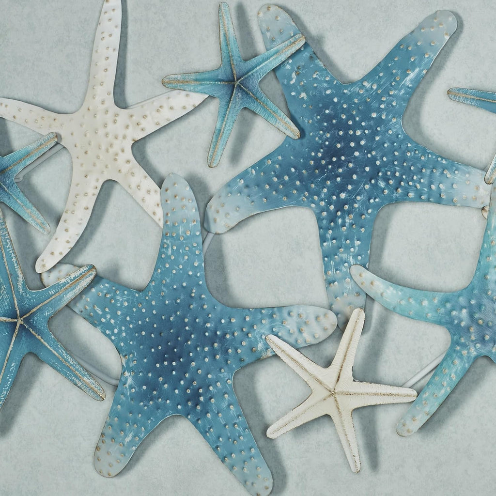 Starfish Cluster Oceanic Metal Wall Sculpture | Handpainted Coastal Blue, Antique White, and Metallic Gold Hues | Layered, Textured Starfish Beach Collage Wall Art | Hangs Horizontally or Vertically
