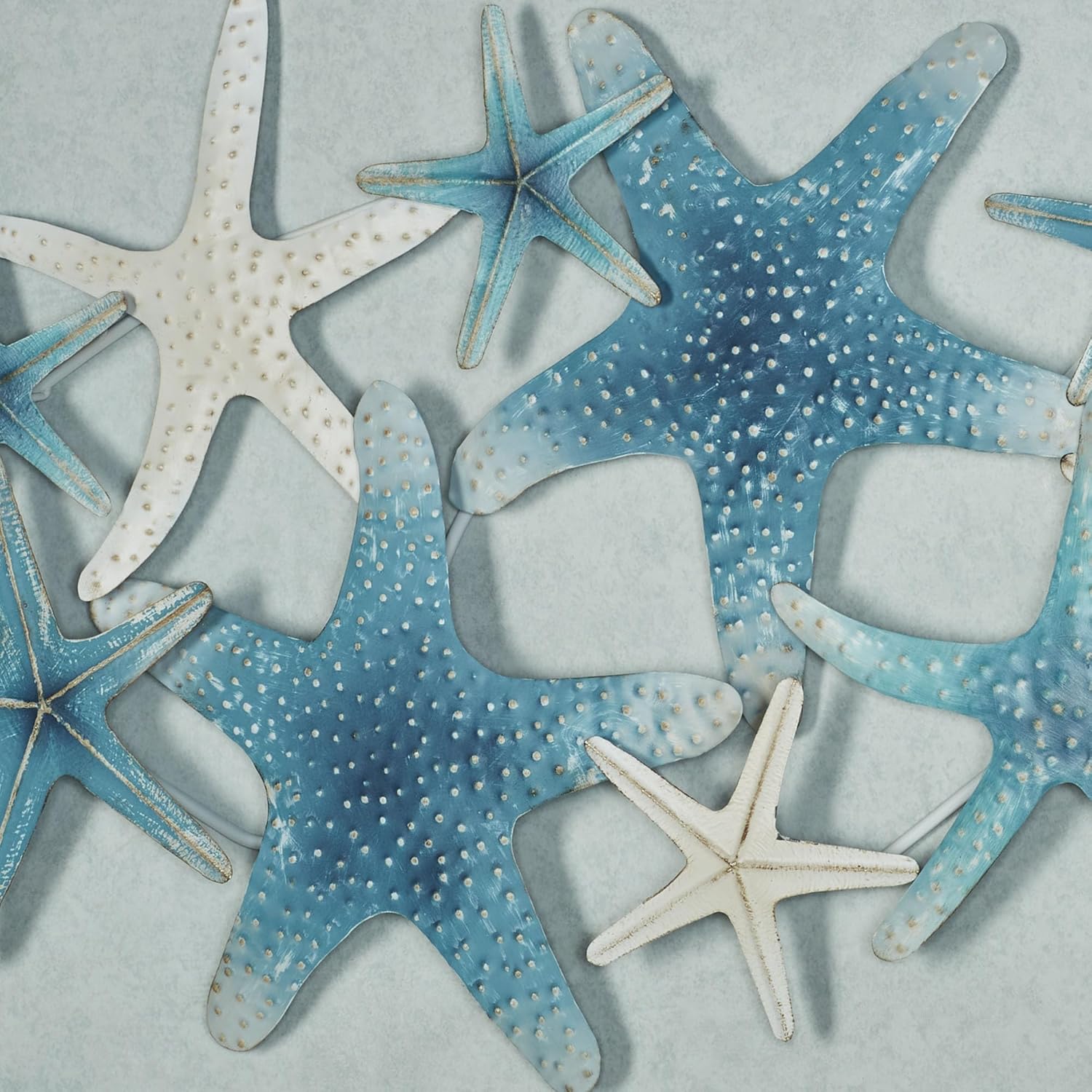 Starfish Cluster Oceanic Metal Wall Sculpture | Handpainted Coastal Blue, Antique White, and Metallic Gold Hues | Layered, Textured Starfish Beach Collage Wall Art | Hangs Horizontally or Vertically