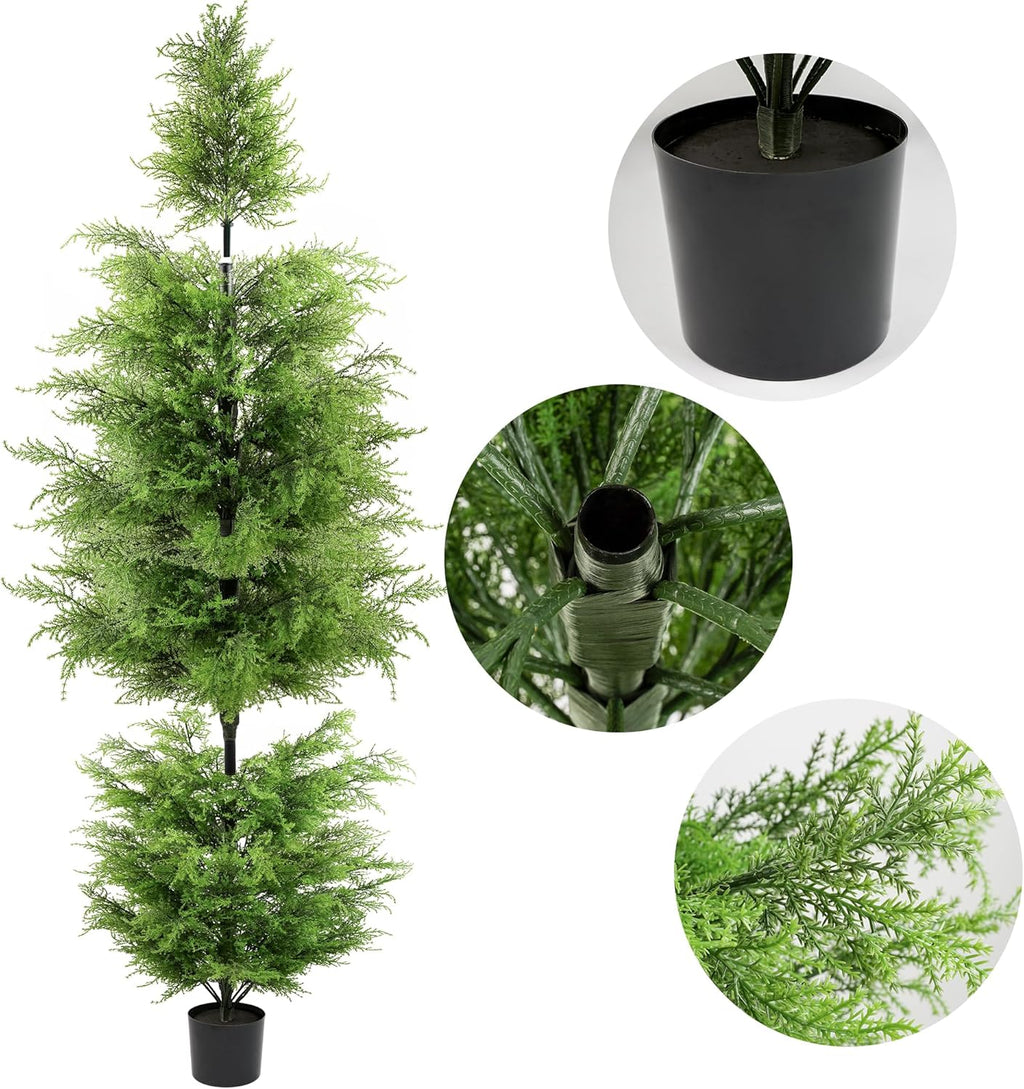72 in Artificial Cedar Tree One Set, 6FT SEVENLOVE Potted Cedar Tree Topiary Artificial Plant Shrub for Front Porch Home Office Decor (1 6FT)