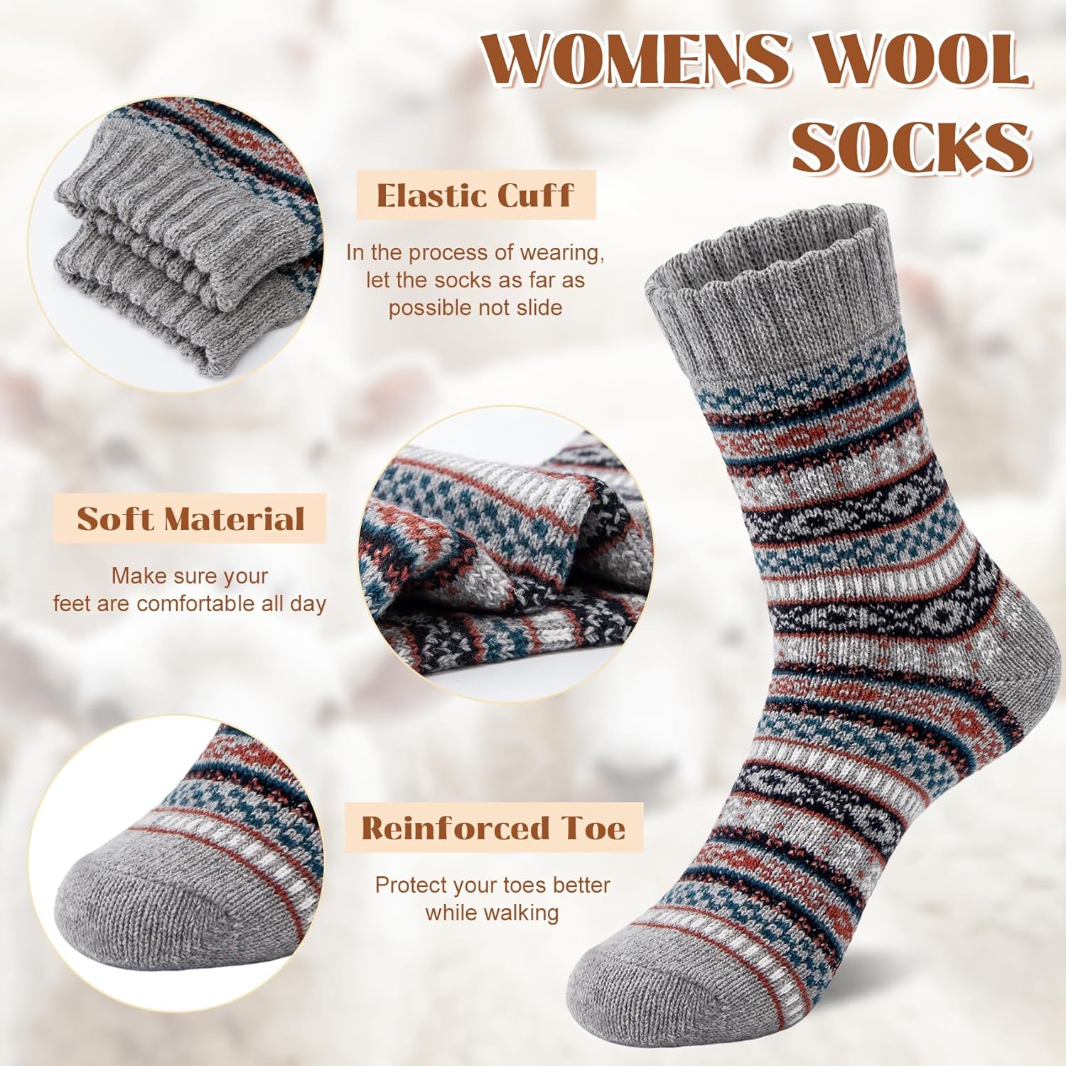 Justay 5 Pairs Wool Socks for Women - Winter Thick Boot Cozy Crew Vintage Soft Calf Knit Warm Socks Gifts