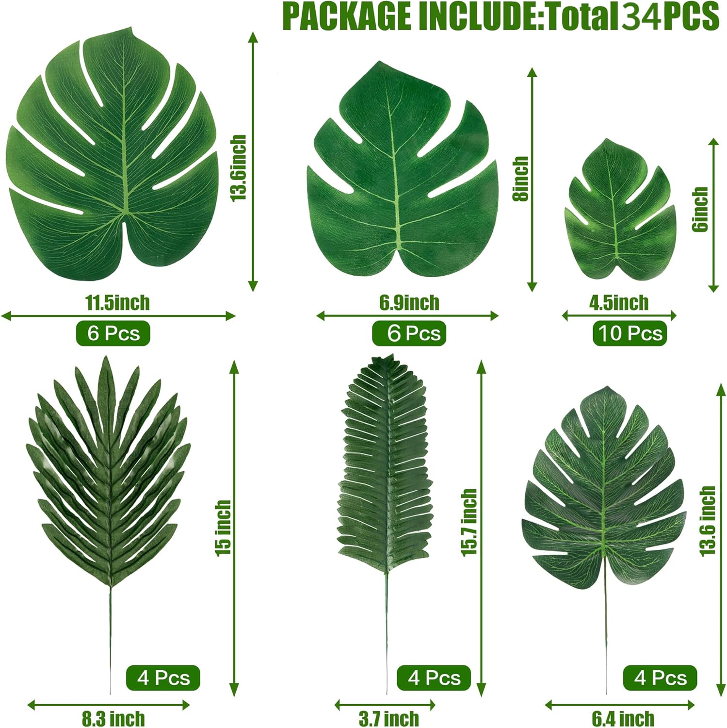 Sggvecsy 34 Pieces 6 Kinds Artificial Tropical Palm Leaves Tropical Leaves Monstera Leaves Safari Jungle Leaf with Stems for Hawaiian Luau Party Beach Table Wedding Shower Birthday Theme Decorations