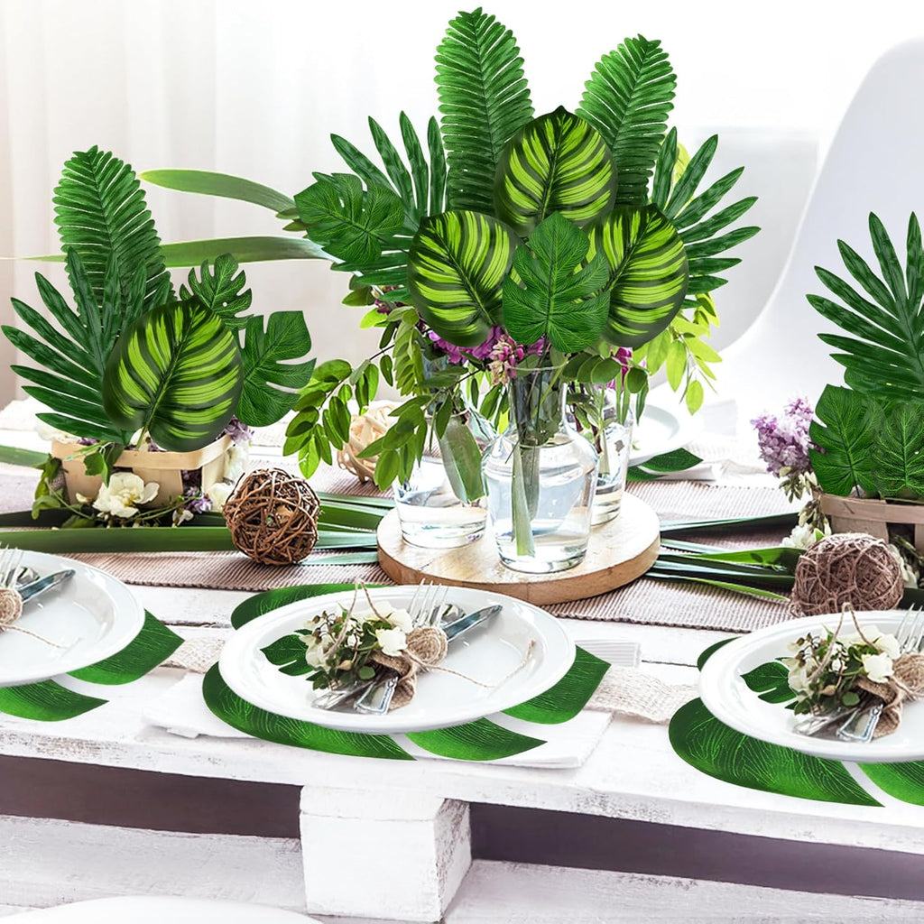 Tropical Party Decorations, 50 Pieces 7 Kinds Palm Leaves Artificial Tropical Monstera, Green Jungle Leaf with Stem for Jungle Hawaiian Luau Party Table Decoration Wedding Birthday