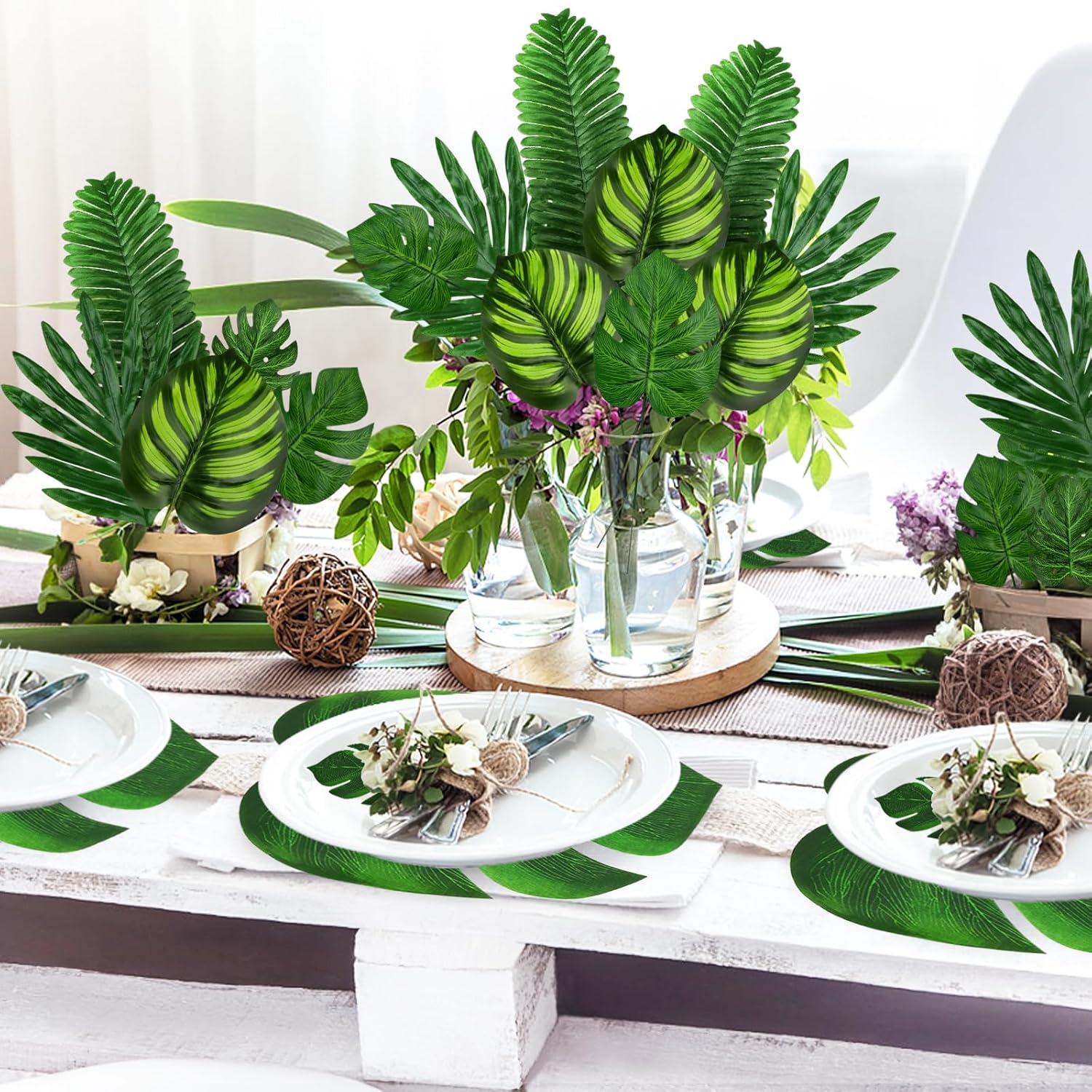Tropical Party Decorations, 50 Pieces 7 Kinds Palm Leaves Artificial Tropical Monstera, Green Jungle Leaf with Stem for Jungle Hawaiian Luau Party Table Decoration Wedding Birthday