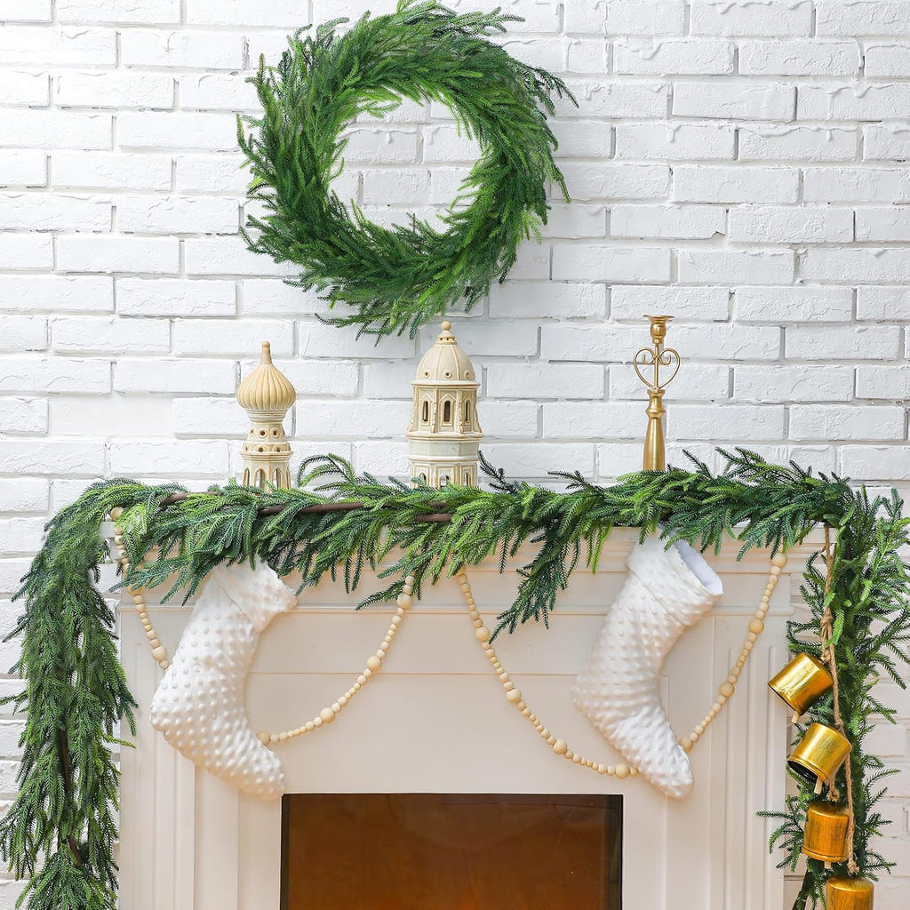 Jutom 2 Pcs 9 Feet Christmas Norfolk Pine Garland Realistic Artificial Faux Greenery Cedar Garland for Mantle Holiday Indoor Outdoor Fireplace Winter Christmas Decorations