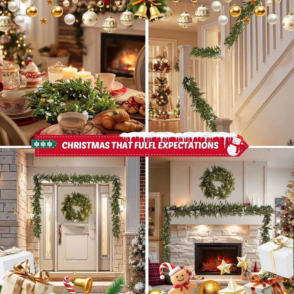 2Pack 6FT Christmas Garland – Artificial Greenery Olive Garland with White Berries, Pinecones & 20 Warm LED Timer Lights – Holiday Garland for Home, Wedding, Party Decorations