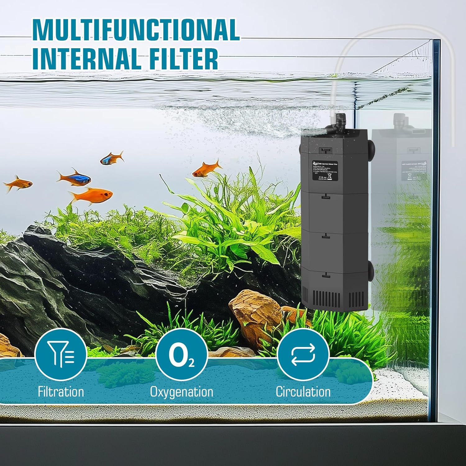 AQQA Submersible Aquarium Filter for 50-100Gal Fish Tank Whisper Fish Corner Filters with Adjustable Waterflow for Bio Filtration, Water Circulation and Oxygenation (12W,260GPH)