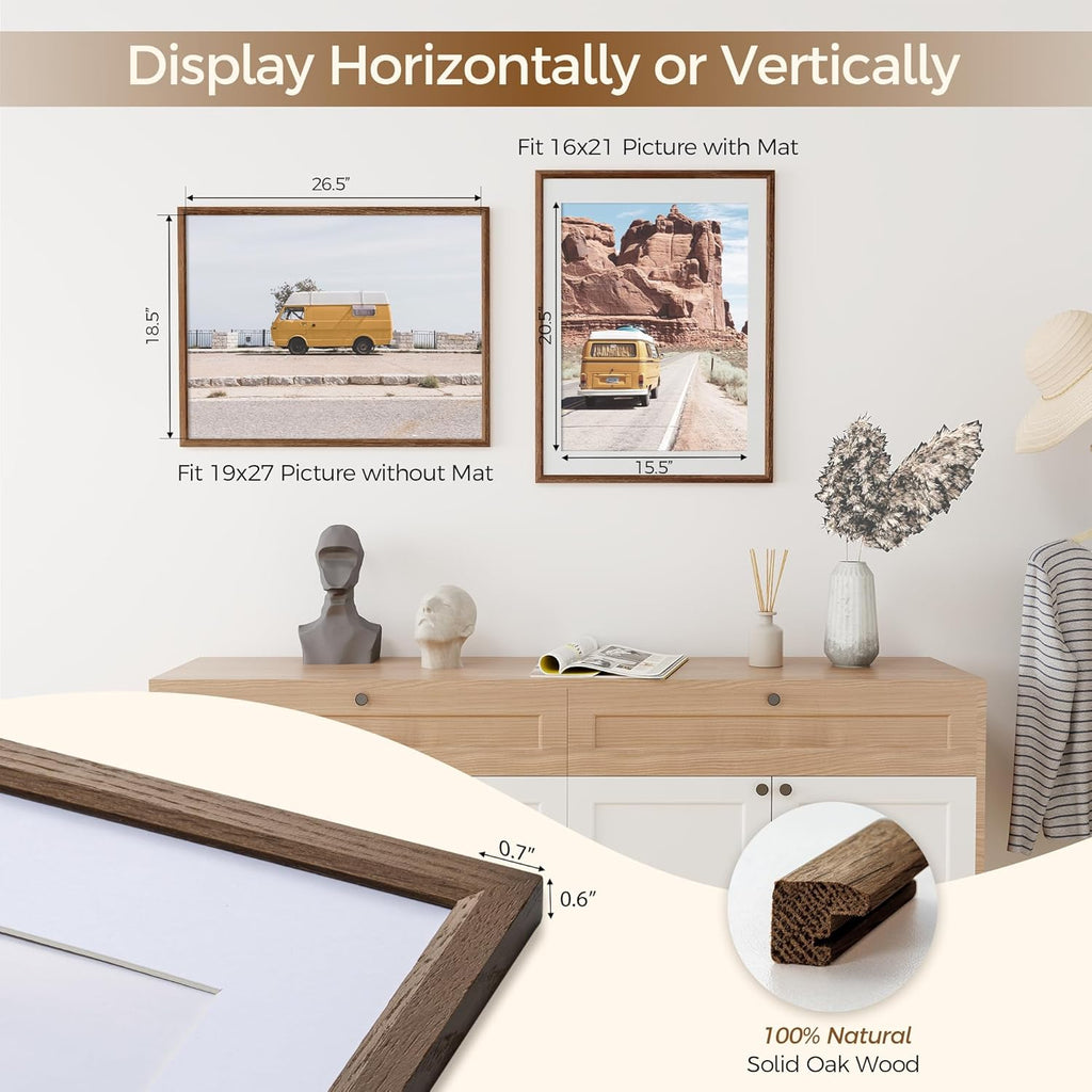 Fun Memories 19x27 Oak Picture Frame for Wall, 19x27 Frame with Matted to 16x21, Solid Wood Picture Frames for Wall Art Photo and Prints (Walnut, 1 Pack)