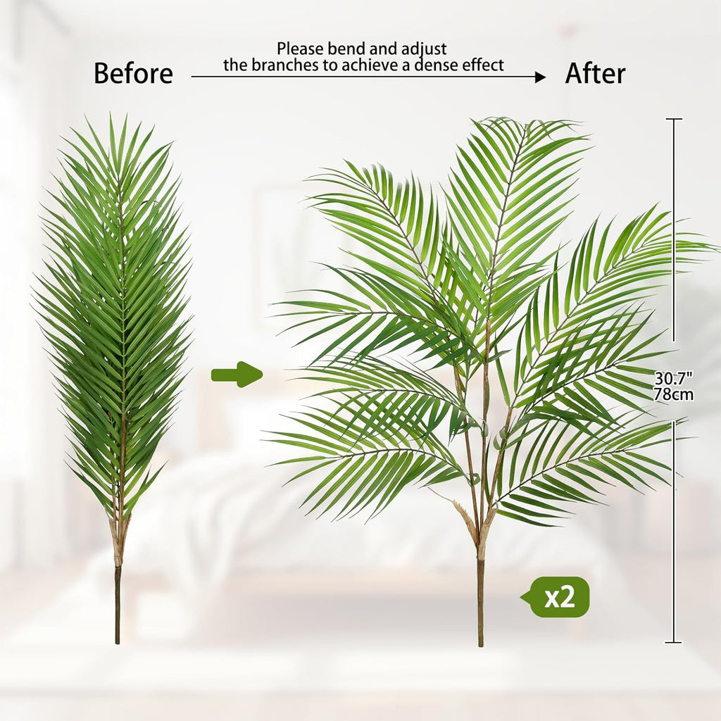 Hollyone 2PCS Artificial Palm Plants Leaves 30.7" Fake Tropical Areca Palm Bushes Tree Leaf Large Faux Greenery Stem Shrubs for Indoor Outdoor Home Garden Arrangement Jungle Safari Wedding Party Decor