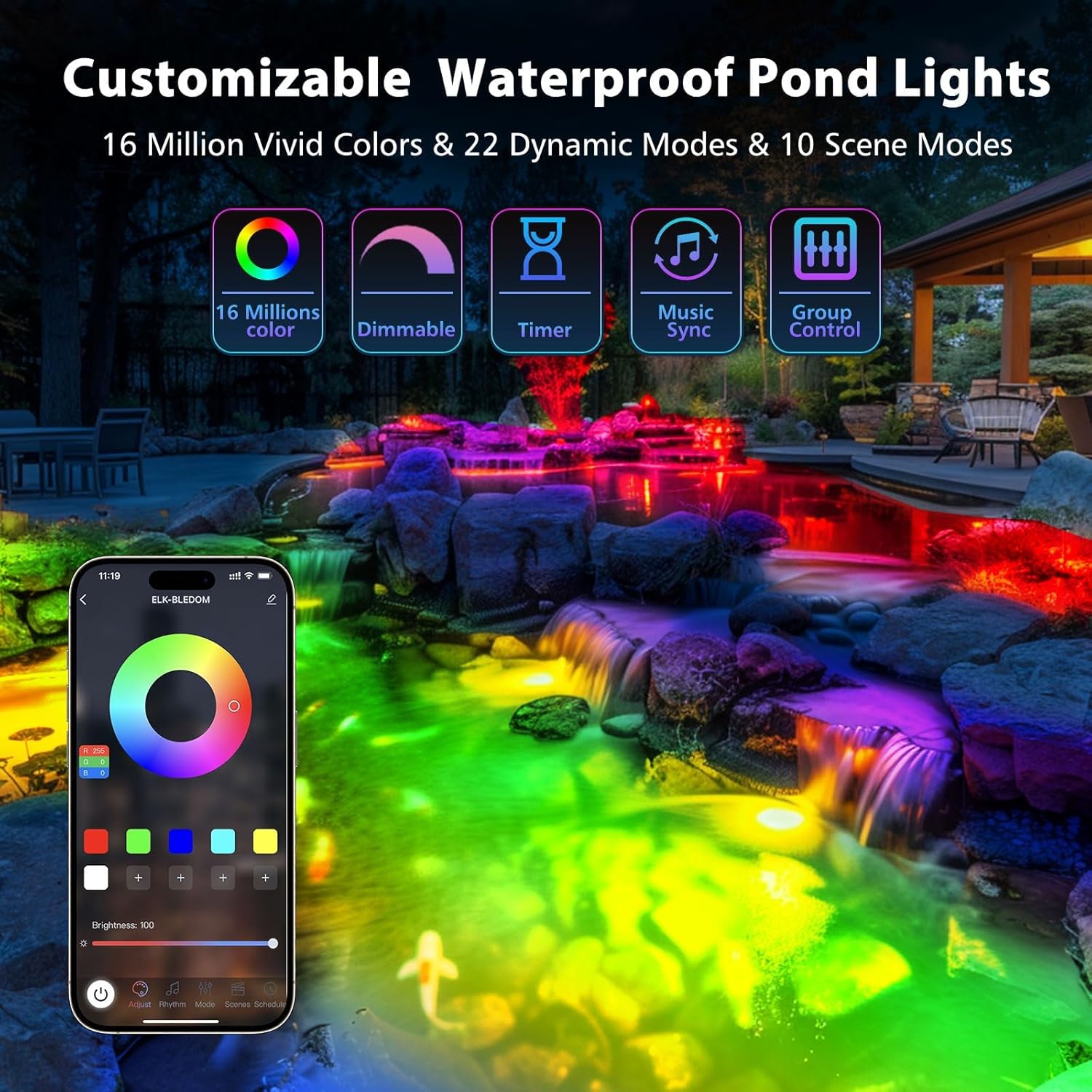 LyLmLe LED Pond Lights with APP Control, 6W SS316 Stainless Steel RGB Underwater Fountain Light with 12V Transformer, IP68 Waterproof Outdoor Underwater Lights for Pond Waterfall, Black Wire(2-Spots)