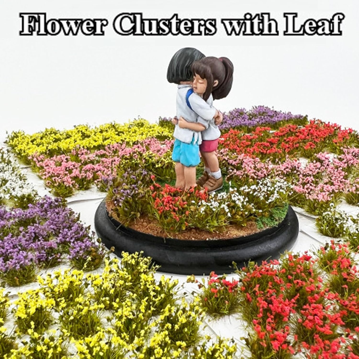 Woohome 4 Pack Miniature Colorful Flower Cluster Self Adhesive Flower Vegetation Groups Static Grass Tufts for Train Landscape Railroad Scenery Sand Military Layout Model