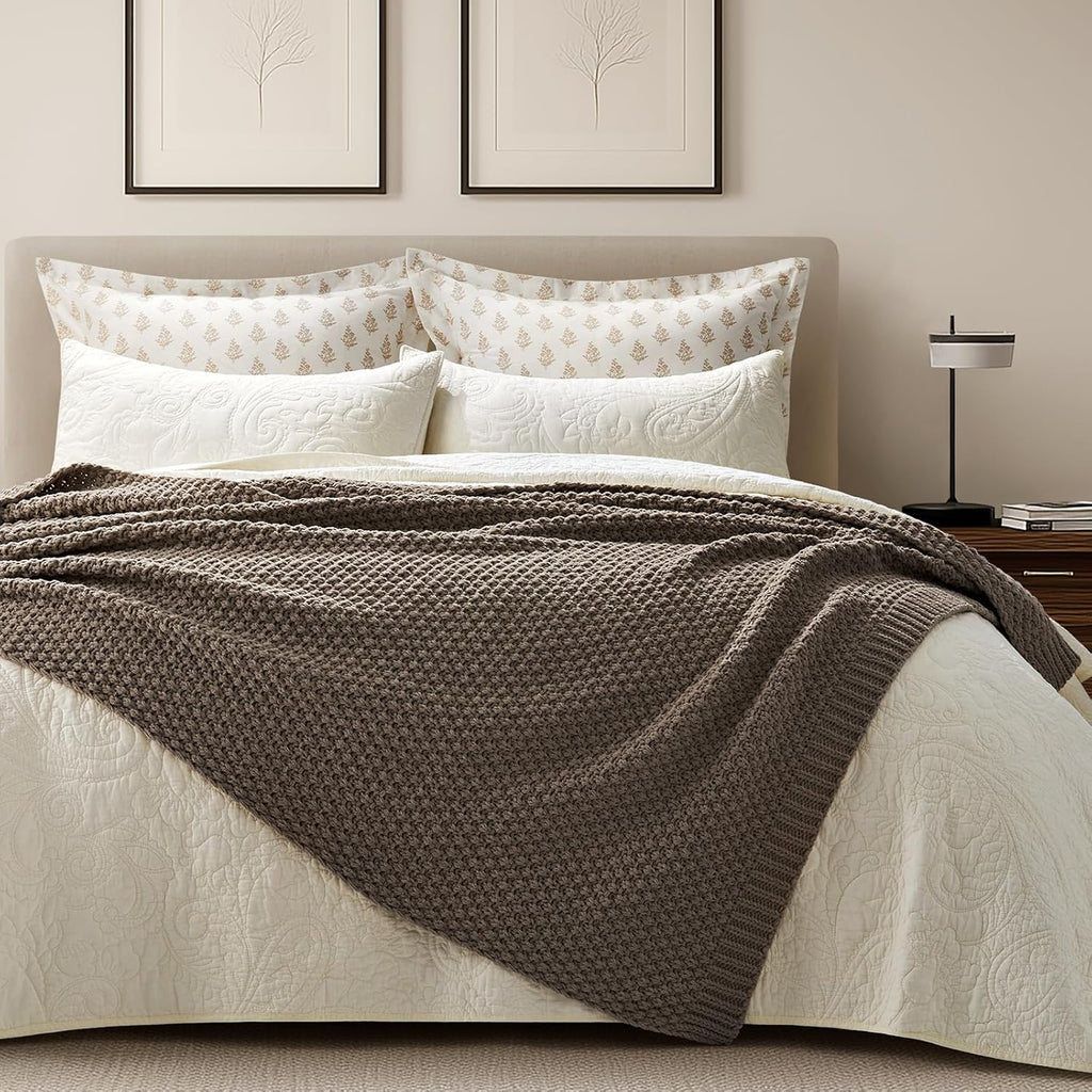 EVERGRACEHOME Chunky Chenille Knit Throw Blanket for Couch, Soft Luxurious Moss Stitch Blankets for Bed, Cozy Decorative Farmhouse Knitted Throws for Sofa, Mocha Brown, 60" x 80"