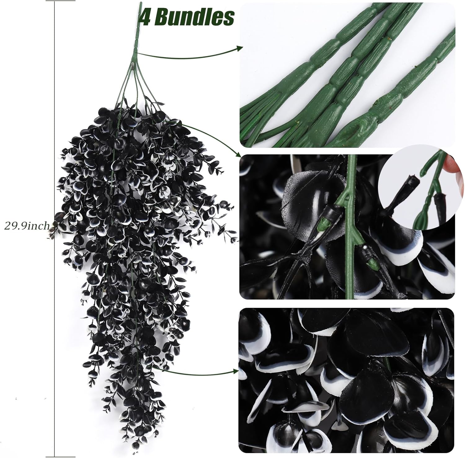 RECUTMS 4 Pcs Artificial Flowers Eucalyptus Leaves Plants Faux for Indoor OutsideWall Garden (Black White)