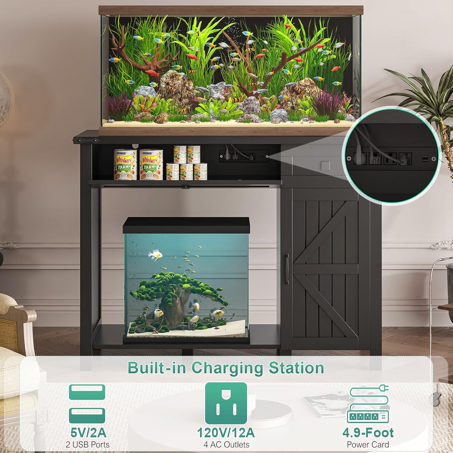 40 Gallon Aquarium Stand With Charging Station, Farmhouse Fish Tank Stand, 30-40 Gallon Reptile Tank Stand Terrarium Stand with Drawer and Cabinet Storage, Sturdy Heavy Duty 41.9"×18.3" Tabletop - Black