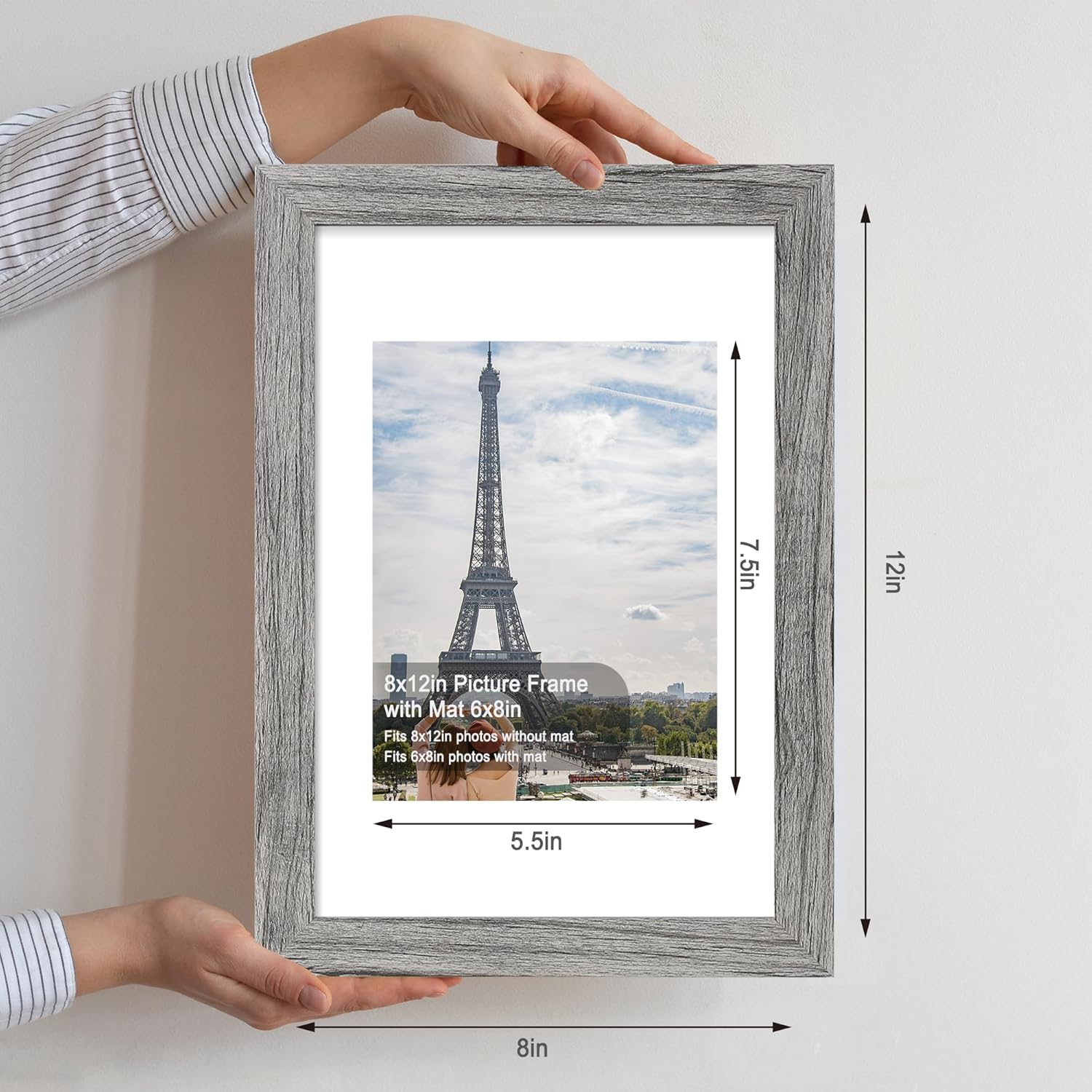 8x12 Picture Frame Set of 4, Made of Glass and Grey Wooden Frame - Display 6x8 Picture with Mat or 8 x 12 Poster Without Mat, 8 by 12 Photo for Wall or Tabletop