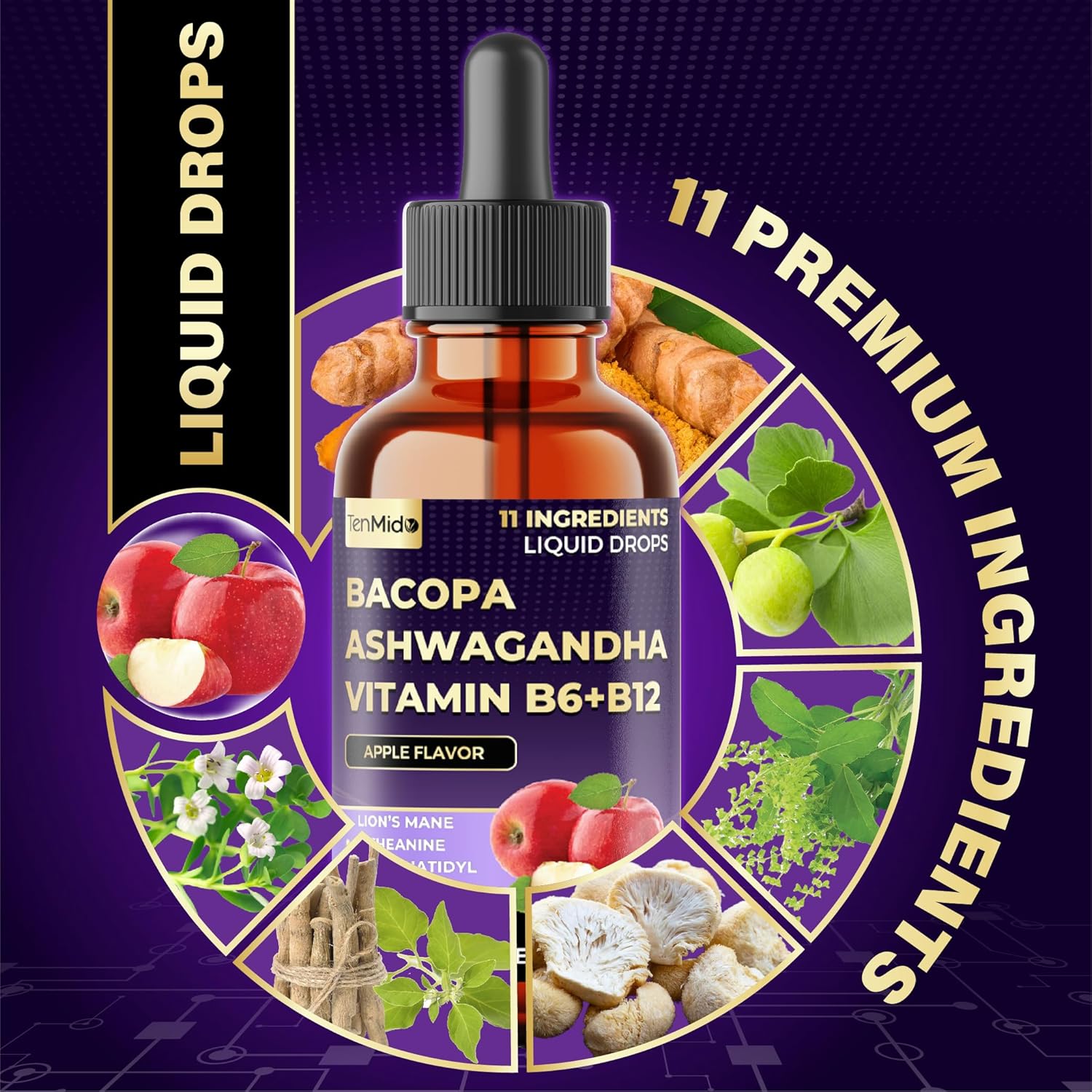 11-in-1 Bacopa Extract Liquid Drops with Ashwagandha, Lion's Mane Mushroom, Phosphatidylserine, L-Theanine, Ginkgo Biloba, Holy Basil, Turmeric, and Rhodiola Rosea - 30ml 1 Fl Oz