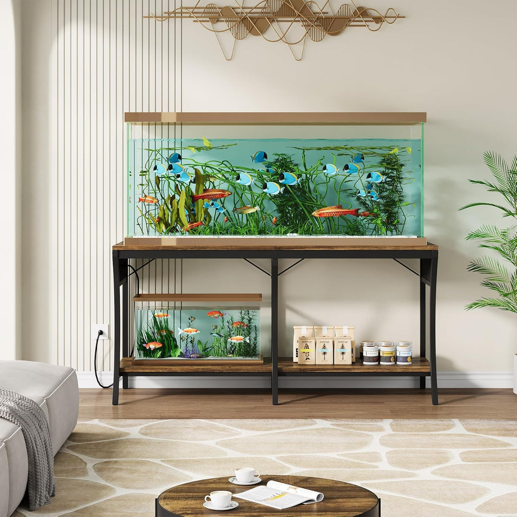 55-90 Gallon Fish Tank Stand with Power Outlets, 2-Tier Aquarium Stand with LED Light Strip & Open Storage Shelves, Heavy Duty Metal Table for Reptile Tank, 1150 LBS Capacity