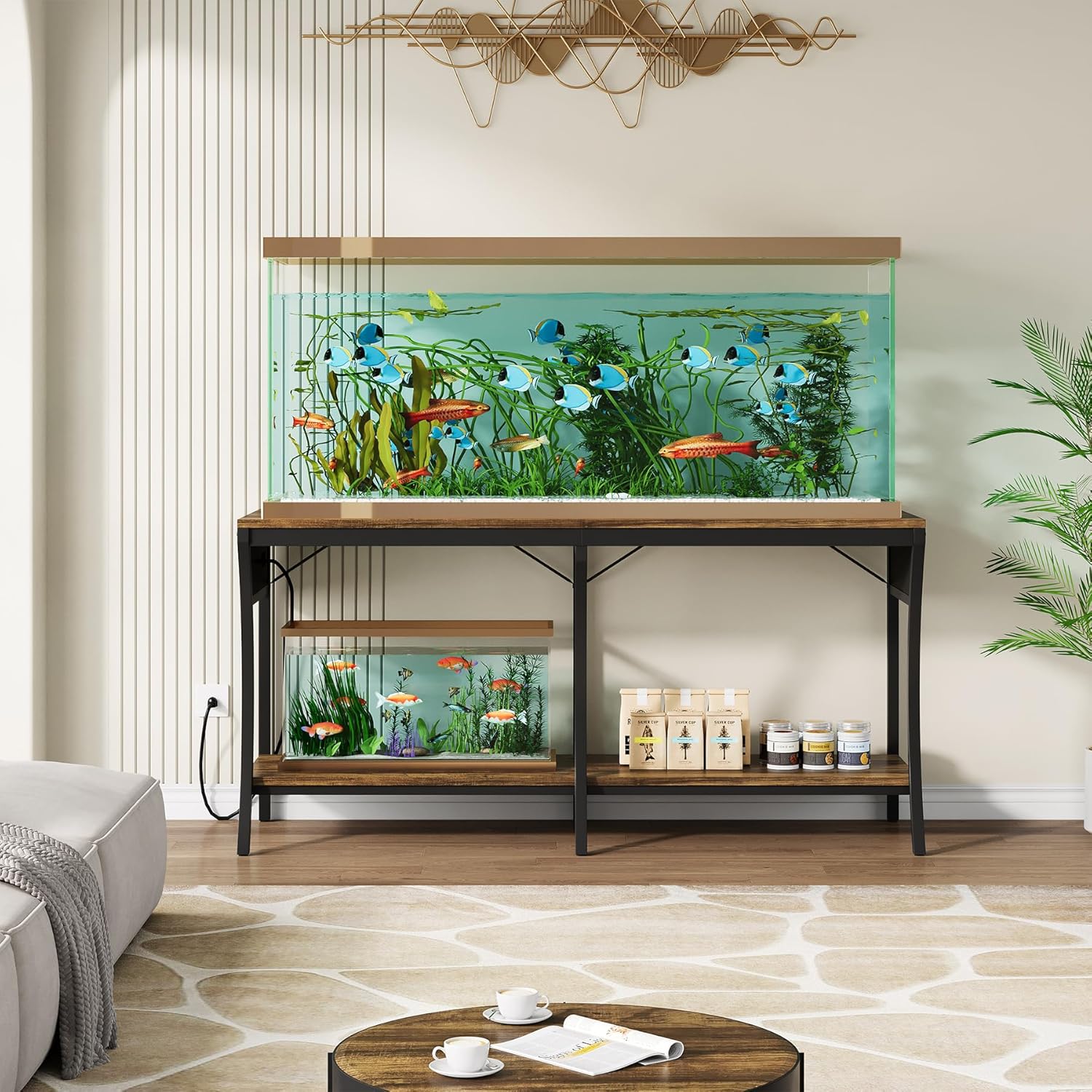55-90 Gallon Fish Tank Stand with Power Outlets, 2-Tier Aquarium Stand with LED Light Strip & Open Storage Shelves, Heavy Duty Metal Table for Reptile Tank, 1150 LBS Capacity