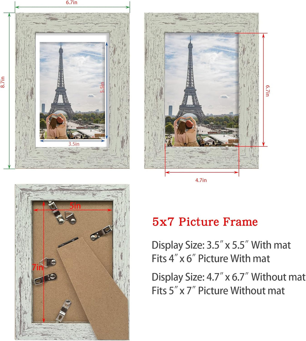 5x7 Picture Frame Set of 4, Made of Real Glass and Sage Green Wooden Frame, 5 by 7 Photo for Wall or Tabletop - Display Picture 4x6 with Mat or 5x7 Without Mat