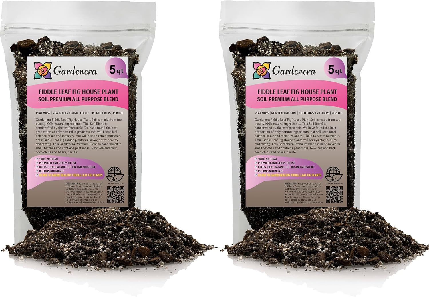 Gardenera Fiddle Leaf Fig Soil Mix - 10 Quart - Premium Blend of Peat Moss, New Zealand Bark, Coco Chips, and Perlite for All Purpose Planting - 2 Bags of 5 Quart