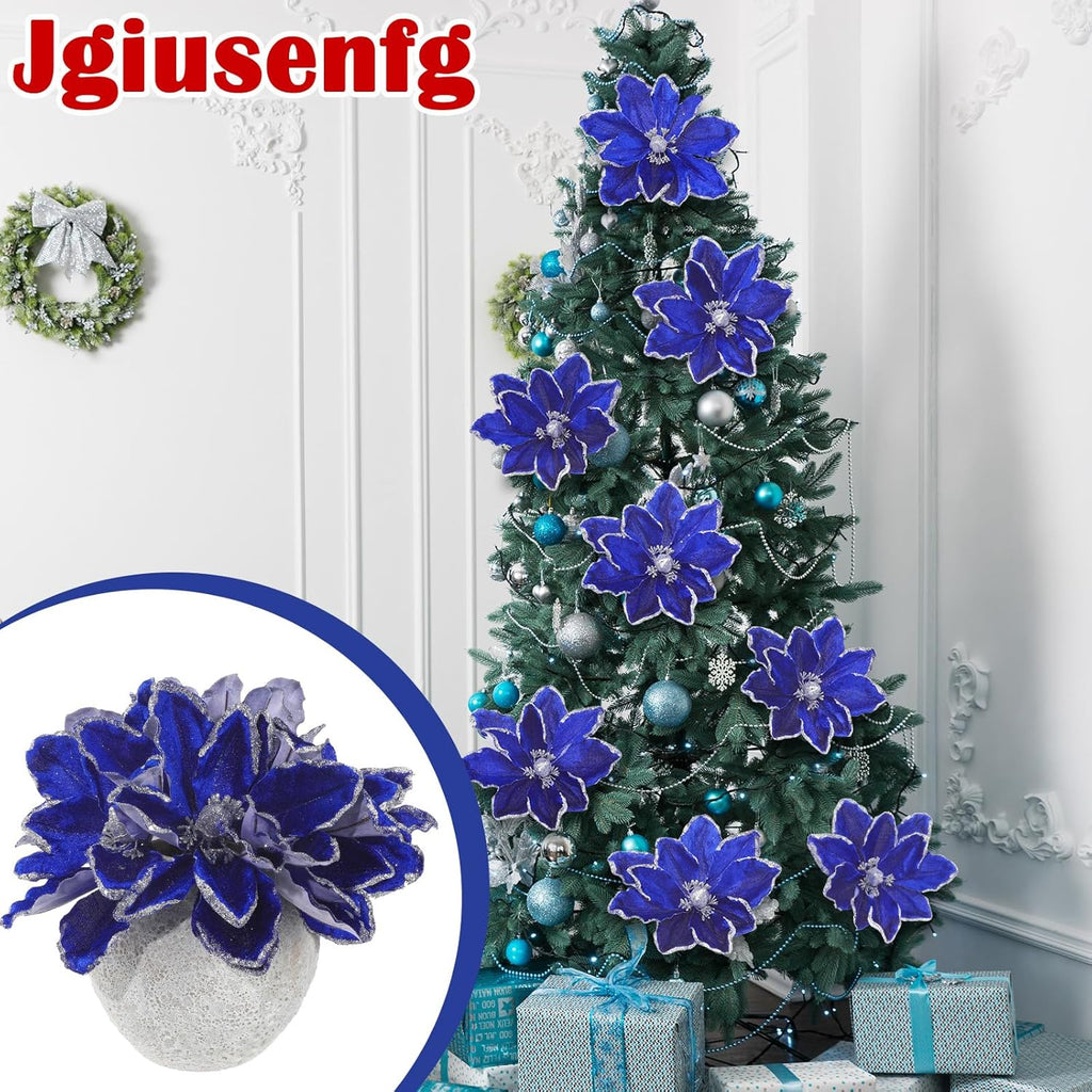 8 Pcs Large Christmas Flower Magnolia Flowers Christmas Tree Decoration Artificial Poinsettia Stems Velvet Xmas Ornaments for Xmas Tree Table Decor(Blue,12 Inch)