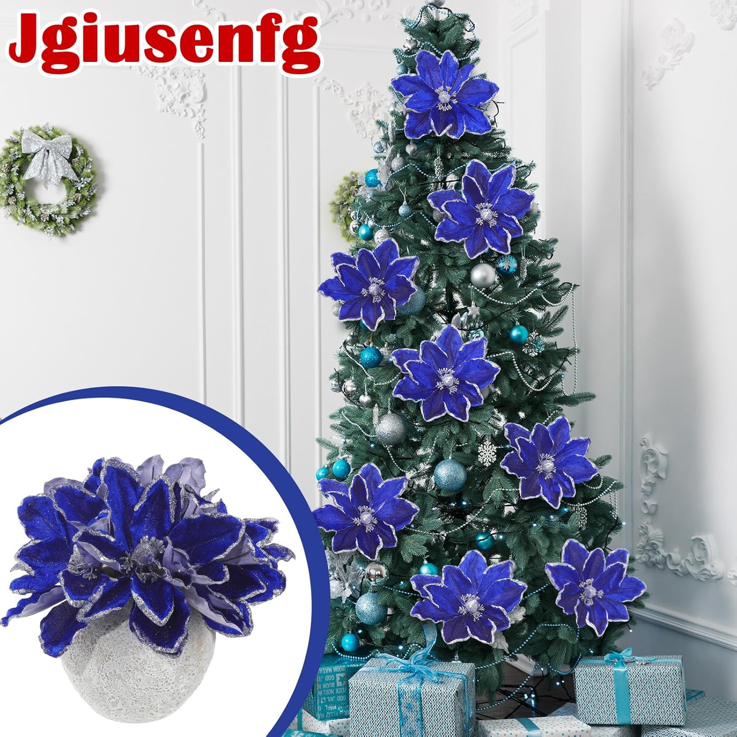8 Pcs Large Christmas Flower Magnolia Flowers Christmas Tree Decoration Artificial Poinsettia Stems Velvet Xmas Ornaments for Xmas Tree Table Decor(Blue,12 Inch)
