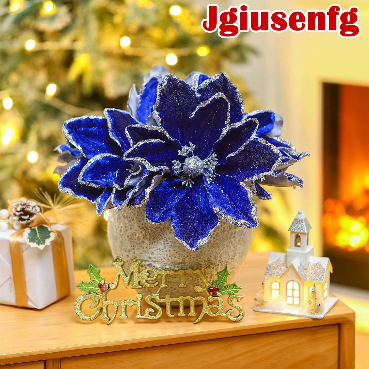 8 Pcs Large Christmas Flower Magnolia Flowers Christmas Tree Decoration Artificial Poinsettia Stems Velvet Xmas Ornaments for Xmas Tree Table Decor(Blue,12 Inch)