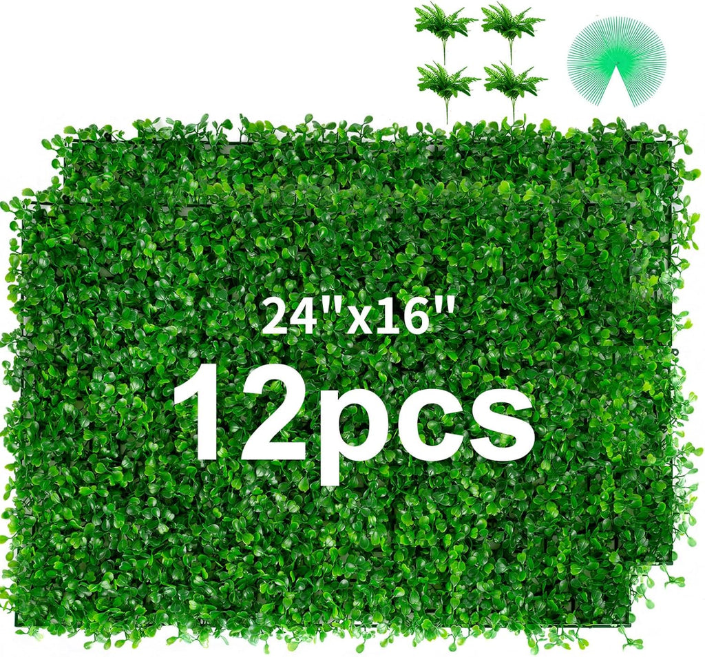 12 Pieces 24"x 16" Artificial Boxwood Panel, Grass Wall Panel, Boxwood Hedge Wall Panels UV Protected Suitable for Artificial Green Wall Decor, Fence Garden Wedding Backyard Decor