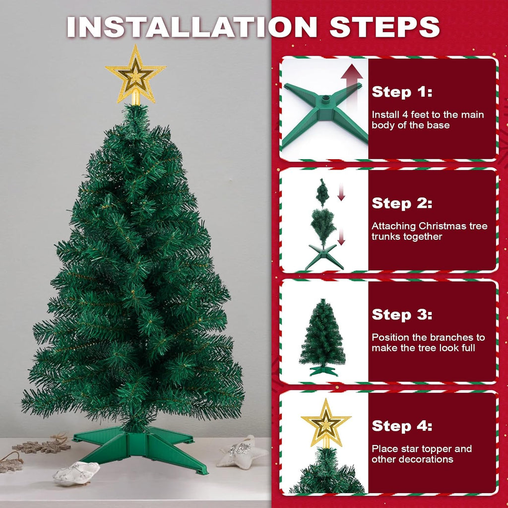 3ft Artificial Christmas Tree with Gold Tree Topper Star, Mini Xmas Pine Tree with 4-Leg Stable Plastic Base, Small Tabletop Christmas Decoration for Home Office Holiday Party Indoor Use