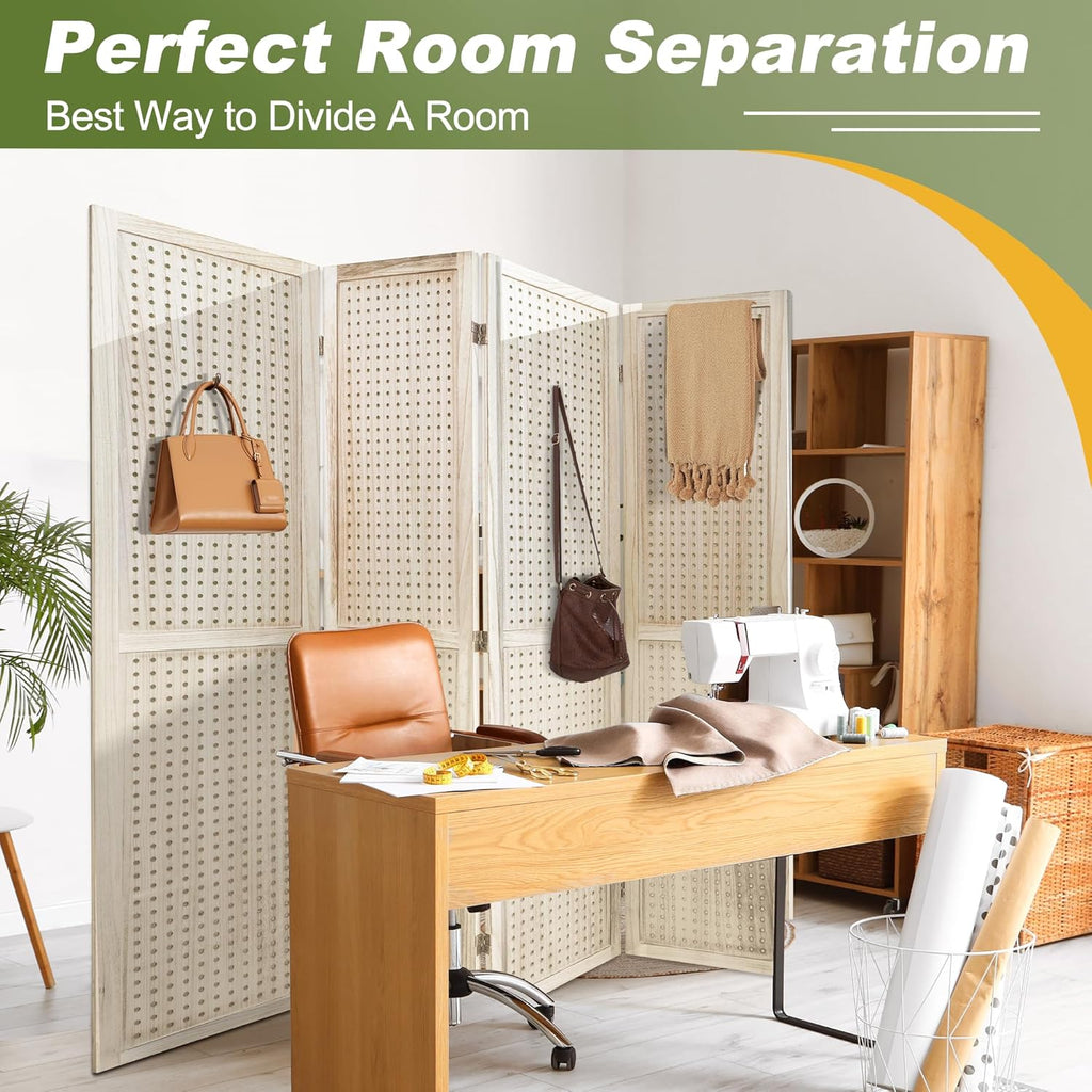 NicBex 4 Panel Pegboard Display,5.6FT Wood PegBoard Room Dividers,Folding Privacy Screens Portable Freestanding Display Board for Craft/Art Shows,Room Separation,Natural Wood